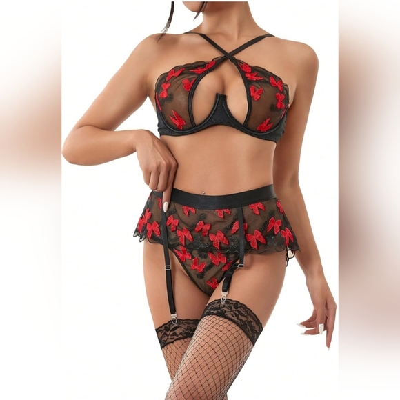 2/$50 NEW Sexy Baddie Whimsigoth Black Red Floral Lace Lingerie Set S-(#1,466) - Picture 1 of 5